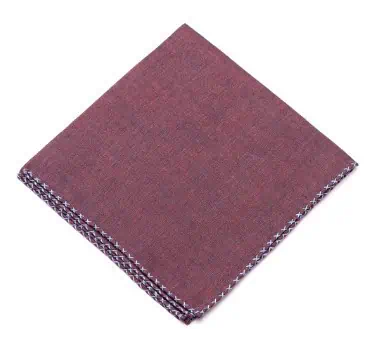 Blue X-Stitch Edge Dark Burgundy Linen Pocket Square